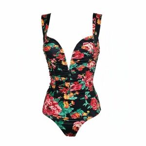 New S Floral Ruched Deep V Neck Wired‎ Bodysuit Black 90's Retro